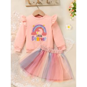 Baby Girls Rainbow Skirt Set Letters Embroidery Long Sleeve Sweatshirt Tops & Rainbow Tutu Skirt Outfits (Option: Pink-9to12 Months)