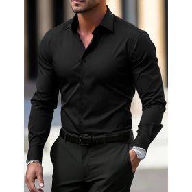 Men's Shirt Business Button Down Shirt Summer Solid Color Long Sleeve Lapel Vacation Shirt Fashion Temperament Casual Tops (Option: Black-XS)