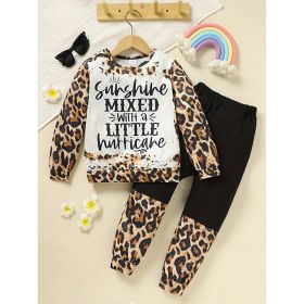 Toddler Girls Fall Winter Outfits Leopard Letter Print Crewneck Long Sleeve Sweatshirt Top & Sweatpant 2 Piece Clothing Set (Option: Brown-6Y)