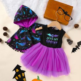 Little Girls 2Pcs Halloween Outfits Sleeveless Tulle Dress With Hooded Cloak Set Clothes (Option: Black-4Y)
