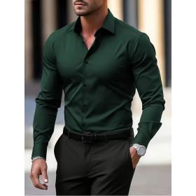 Men's Shirt Business Button Down Shirt Summer Solid Color Long Sleeve Lapel Vacation Shirt Fashion Temperament Casual Tops (Option: Dark Green-M)