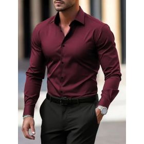Men's Shirt Business Button Down Shirt Summer Solid Color Long Sleeve Lapel Vacation Shirt Fashion Temperament Casual Tops (Option: Wine Red-XXXL)